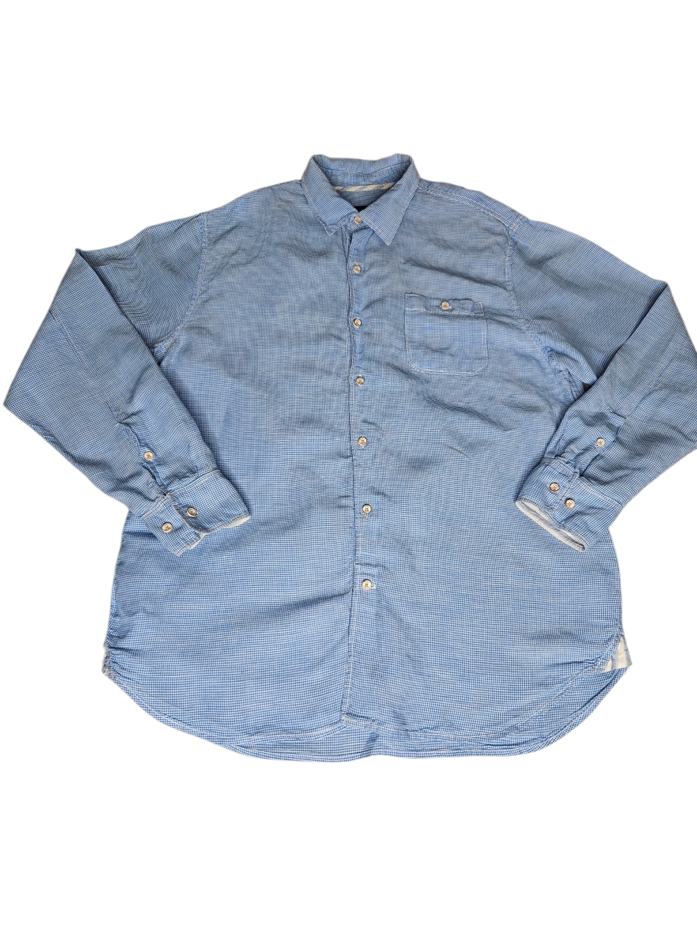Tommy Bahama Sz Lg Blue Gingham Check Flip Cuff Collar Shirt Linen Tencel Casual